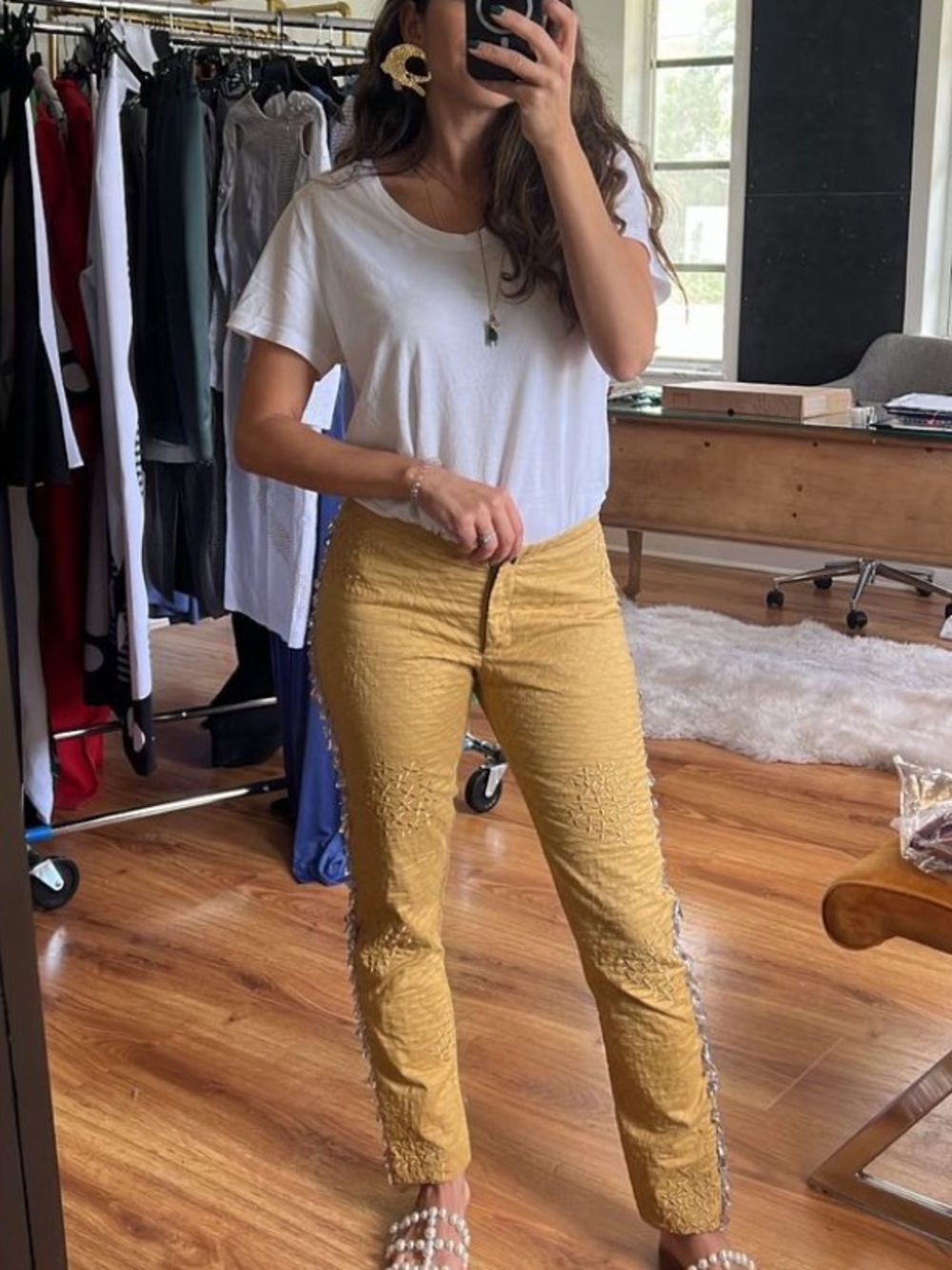 Hand Embroidered Mustard Yellow Designer Pants
